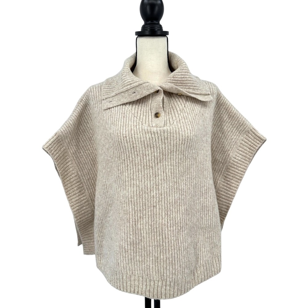 LOFT Knit Poncho Sweater Soft Beige Oversized Kimono Sleeve Button Collar XS / S